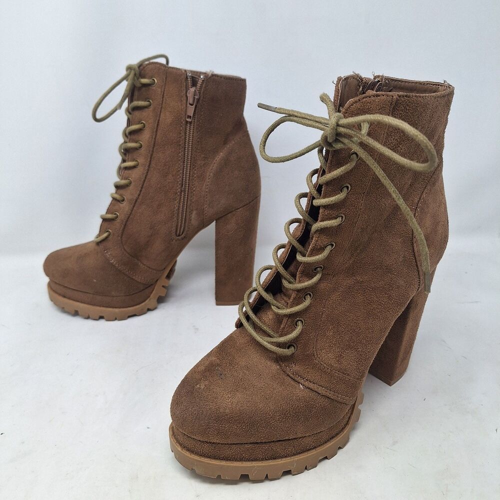 Charlotte Russe Brown Faux Suede Y2K Platform Ankle Boots Chunky Block Heel Sz 8